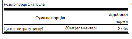 Цинк Цитрат, Zinc Citrate 30 mg - 60caps 100-74-2160613-20 фото