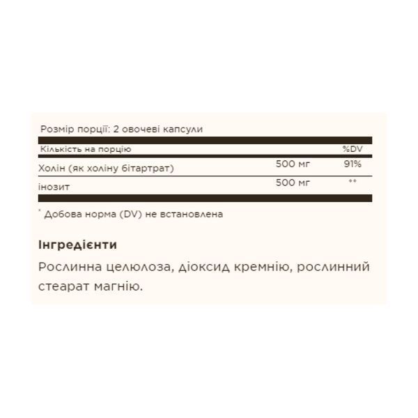Холін і Інозитол, Choline/Inositol 500 mg/500 mg - 100 vcaps 2023-10-3679 фото