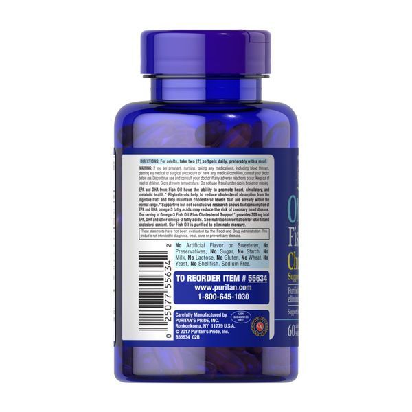 Омега-3, Omega-3 Fish Oil Plus Cholesterol Support - 60 softgels 2023-10-2483 фото