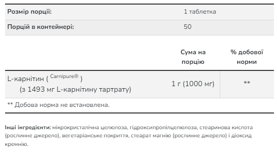 Л-Карнитин, L-Carnitine 1000 mg - 50 tabs 2022-10-0417 фото