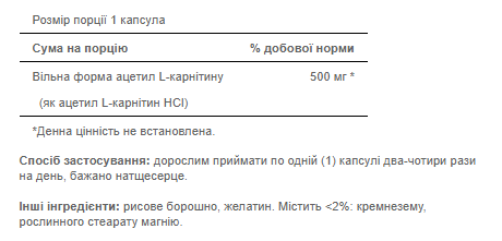 L-Карнитин, Acetyl L-Carnitine 500 mg - 60 Capsules 100-10-9648865-20 фото