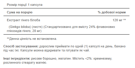 Гинкго Билоба, Ginkgo Biloba Standardized Extract 120mg - 100caps 100-23-9131639-20 фото