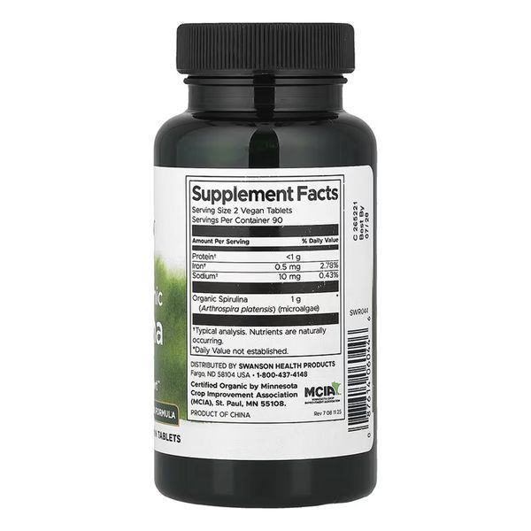 Спирулина, Certified Organic Spirulina 500mg - 180 tabs 100-65-3295022-20 фото