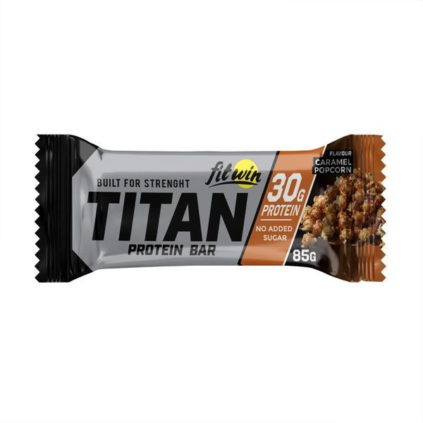 Протеиновые батончики FitWin TITAN BAR Caramel Popcorn &mdash; 9&times;85 г, 30 г белка в батончике 2024-11-0766 фото