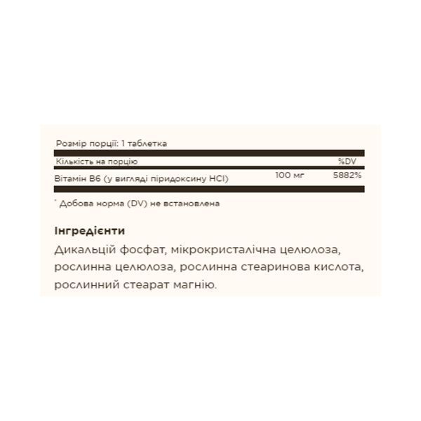 Вітамін Б6, Vitamin B6 100mg - 100 tabs 2023-10-3705 фото