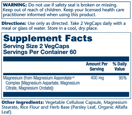 Аспартат магния, Magnesium Asporotate 400mg - 120 vcaps 2022-10-1025 фото