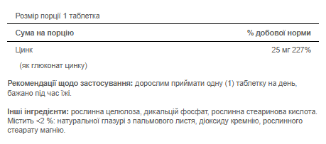 Цинк Глюконат, Zinc 25 mg - 100 tabs 100-21-8788845-20 фото