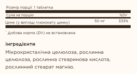 Цинк, Zinc 50mg - 100 tabs 100-92-5525470-20 фото