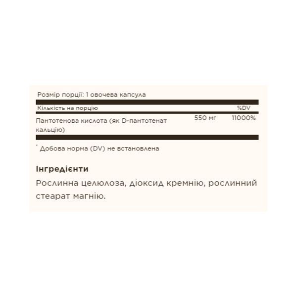 Пантотенова кислота, Pantothenic Acid 550mg - 100 vcaps 2023-10-3674 фото