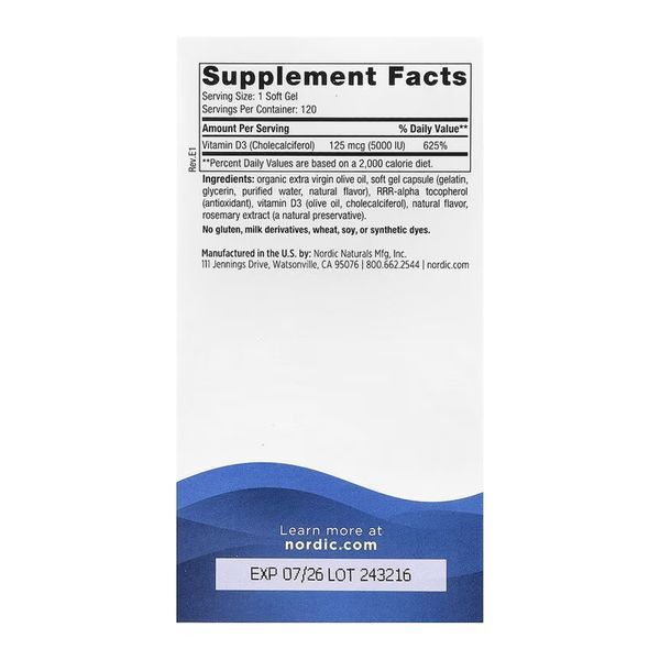 Вітамін D3, Vitamin D3 5000 - 120 mini softgels 2023-10-7855 фото