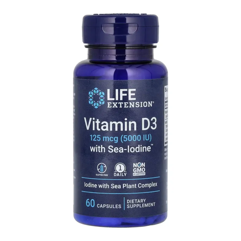 Вітамін Д3 5000 IU з морським йодом, Vit D3 with Sea-Iodine™ 125 mcg (5000 IU) - 60 caps