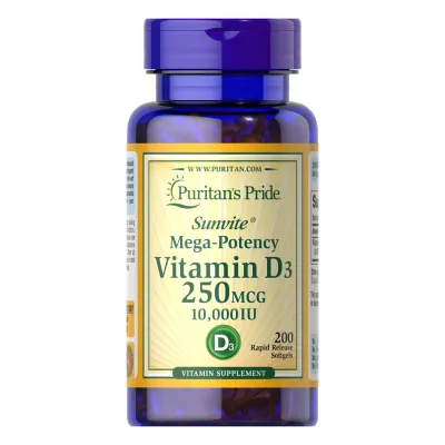 Вітамін Д-3, Vitamin D3 250mcg (10000 IU) Mega-Potency - 200 softgels
