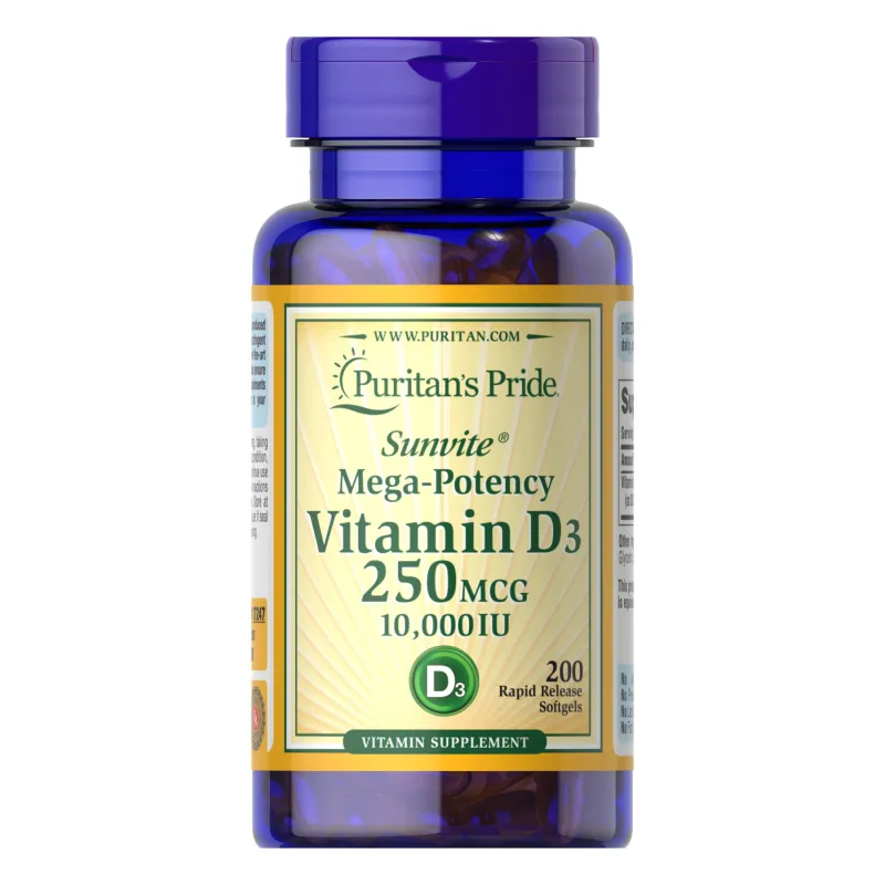 Вітамін Д-3, Vitamin D3 250mcg (10000 IU) Mega-Potency - 200 softgels