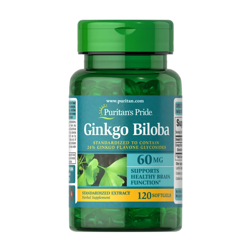 Гінкго білоба 60 мг Puritans Pride (Ginkgo Biloba Standardized Extract) — 120 софтгелів, для фокусу
