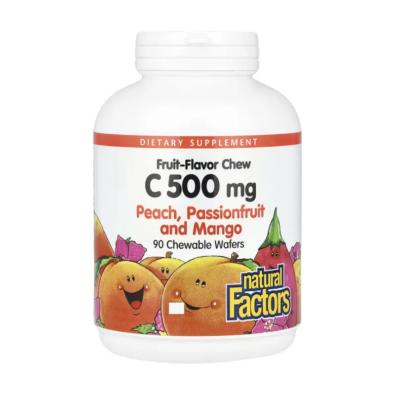 Вітамін C 500 мг Natural Factors — 90 жувальних таблеток, wafers персик passion fruit-mango, для імунітету