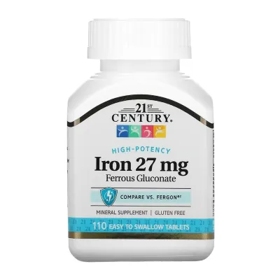 Залізо 27 мг 21st Century (Iron Ferrous Gluconate) — 110 таблеток