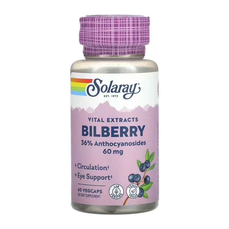 Чорниця 60мг Solaray (Bilberry Berry Extract) — 60 веганських капсул, для зору