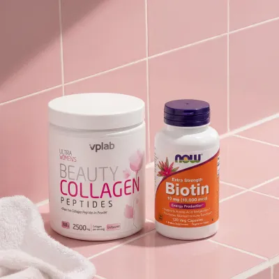 Краса зсередини Glow ефект, Biotin 10mg (10,000mcg) 120 caps + Beauty Collagen Peptides 150g