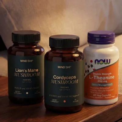 Набор ДЛЯ КОНЦЕНТРАЦИИ, Lion's Mane Mushroom 1000 mg 60 vegcaps + Cordyceps Mushroom 1000 mg 60 vegcaps + L-Theanine 200mg 60 vcaps